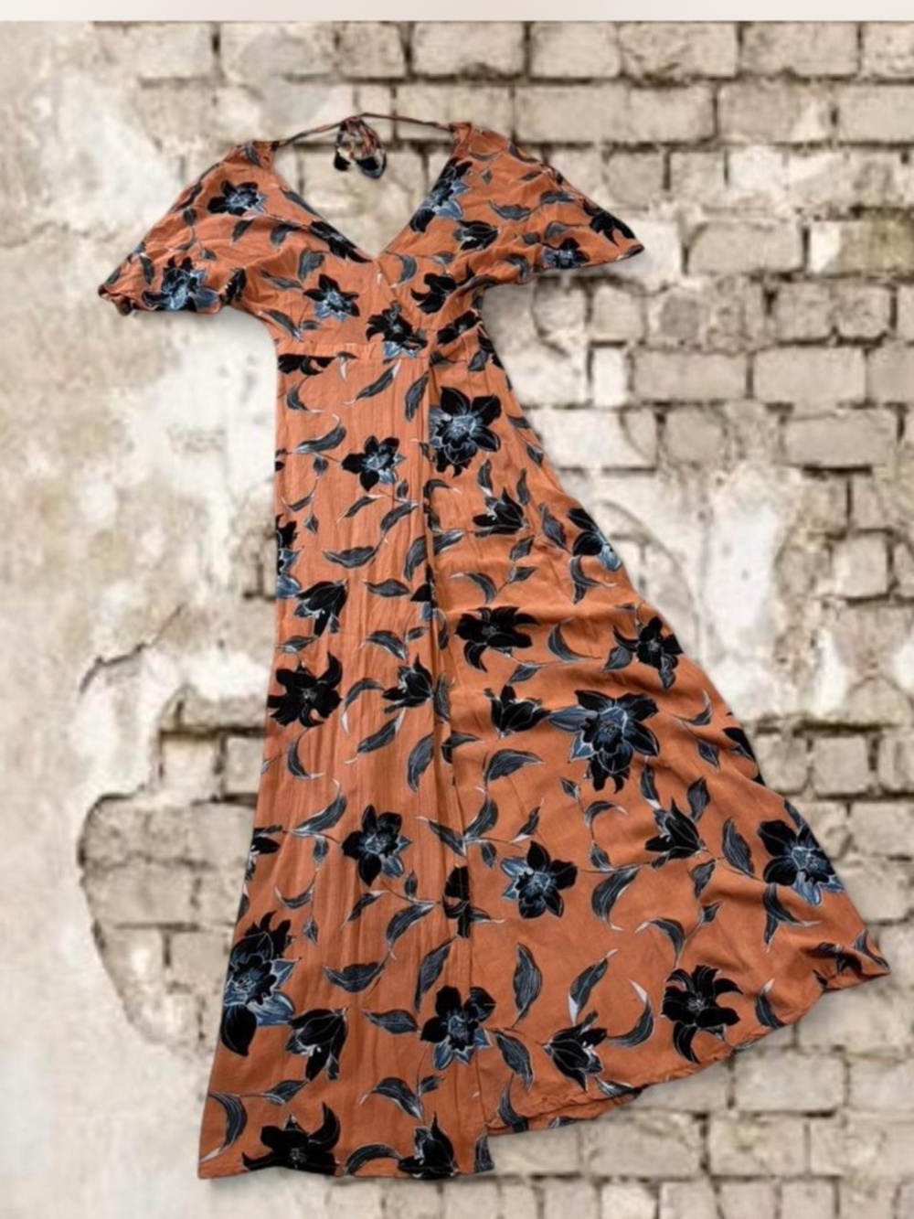 FAITHFULL THE BRAND Terracotta Floral Blue/Black Maxi Dress Wrap Top Backless